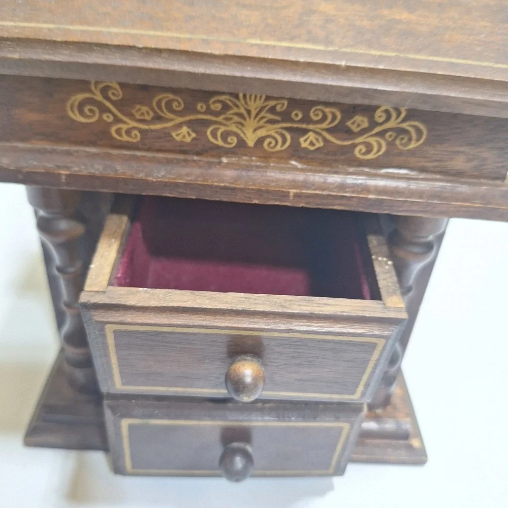 Vintage c.1970s Wooden Musical Jewelry Box Wind-Up Music Box 2 Drawers As-Is